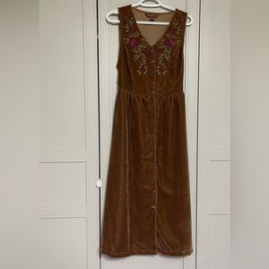 Vintage April Cornell Floral Embroidered Brown Velvet Midi Dress